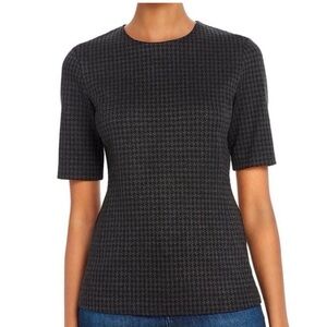 Theory Houndstooth Short Sleeve Knit Twill Fitted Top Charcoal Grey Medium